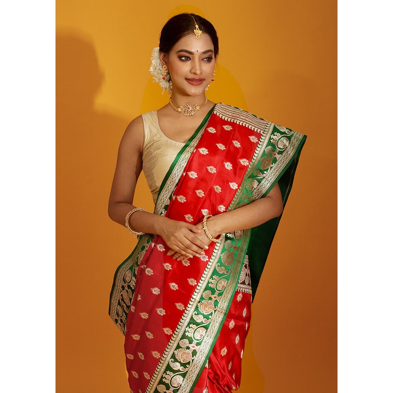 Red Banarasi Pure Silk Saree With Blouse Piece - JD986589687