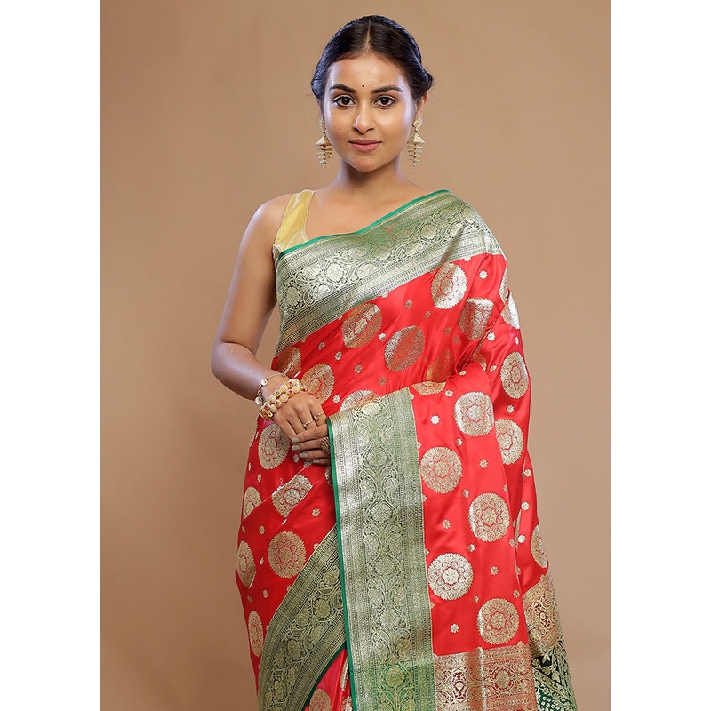 Red Banarasi Silk Saree With Blouse Piece - JD986589683