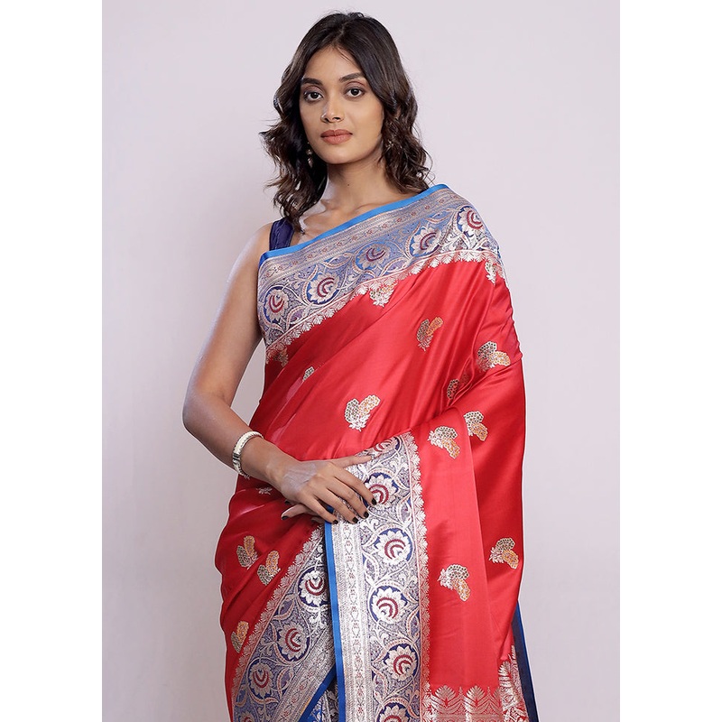 Red Banarasi Silk Saree With Blouse Piece - JD986589684
