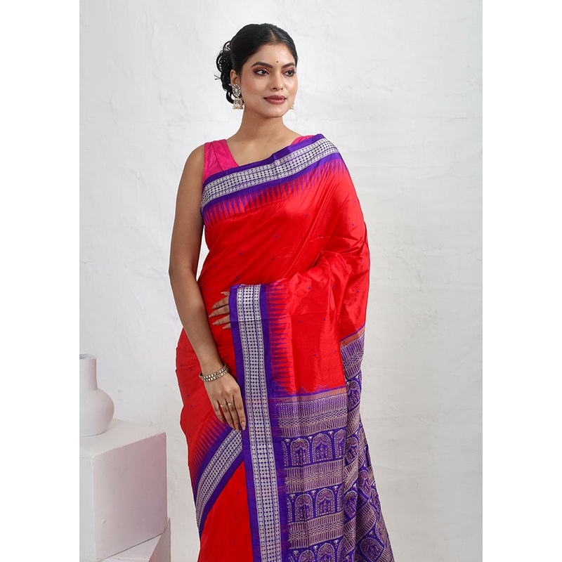 Red Bomkai Pure Silk Saree With Blouse Piece - JD986589682
