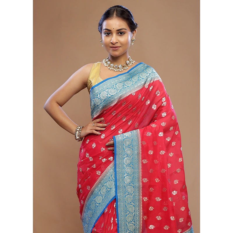 Red Dupion Silk Saree With Blouse Piece - JD986589680