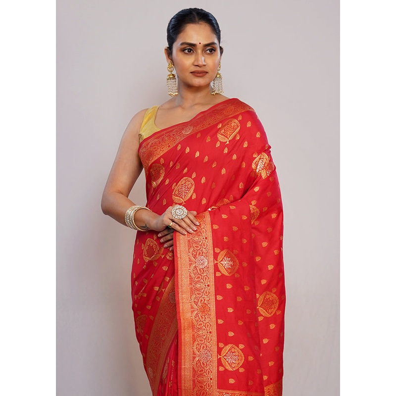 Red Dupion Silk Saree With Blouse Piece - JD986589713