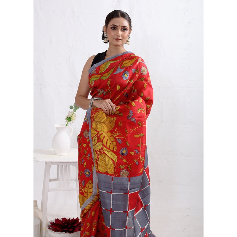 Red Printed Pure Silk Saree Without Blouse Piece - JD986589678