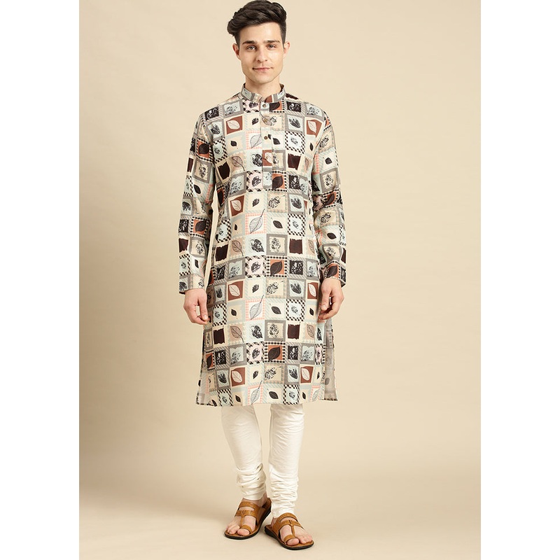 Beige Printed Cotton Kurta - JD986589639