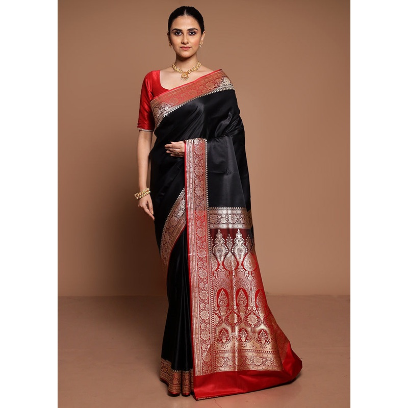 Black Banarasi Silk Saree With Blouse Piece - JD986589484