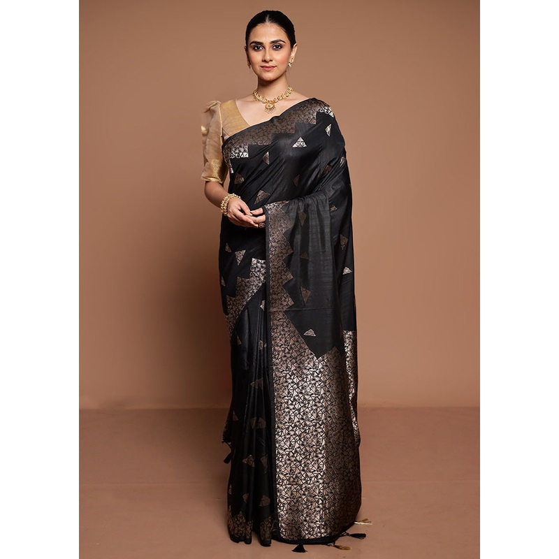 Black Dupion Silk Saree With Blouse Piece - JD986589483