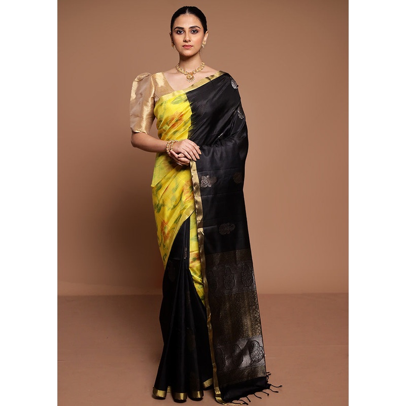 Black Handloom Kanchipuram Pure Silk Saree With Blouse Piece - JD986589482