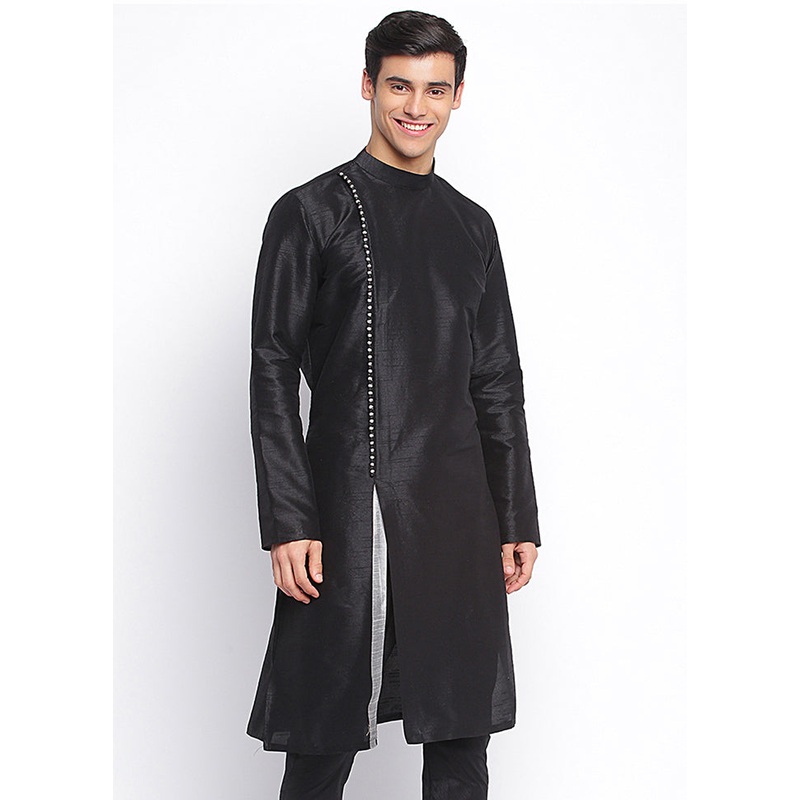 Black Solid Silk Kurta - JD986589635