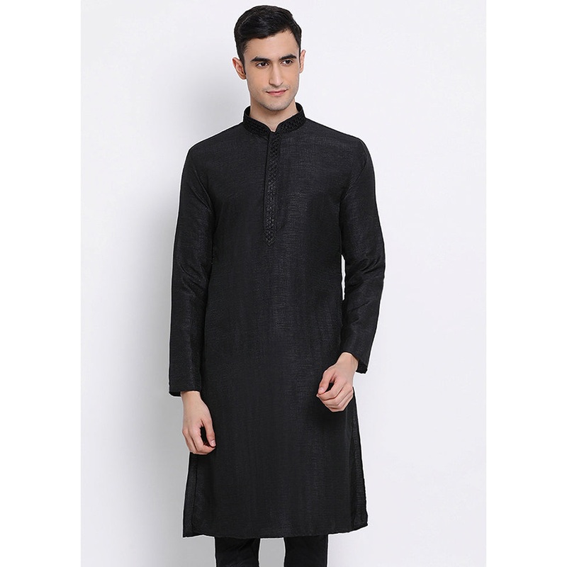 Black Solid Silk Kurta - JD986589636