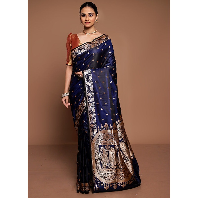 Blue Banarasi Silk Saree With Blouse Piece - JD986589478