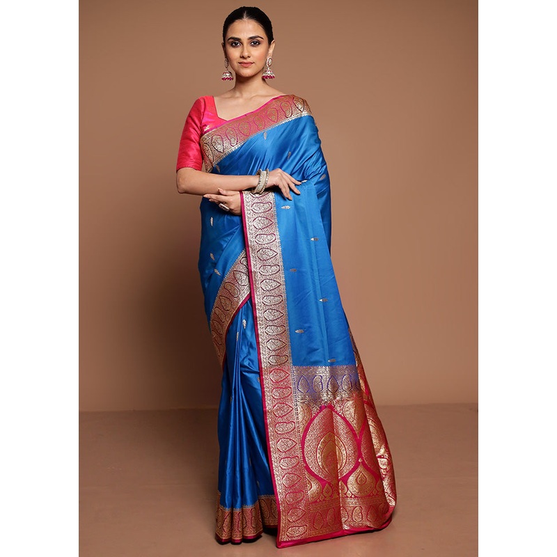 Blue Banarasi Silk Saree With Blouse Piece - JD986589479
