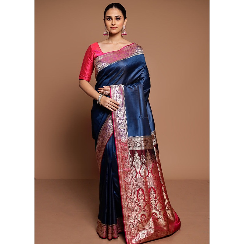 Blue Banarasi Silk Saree With Blouse Piece - JD986589480
