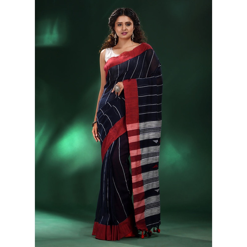 Blue Cotton Saree With Blouse Piece - JD986589486