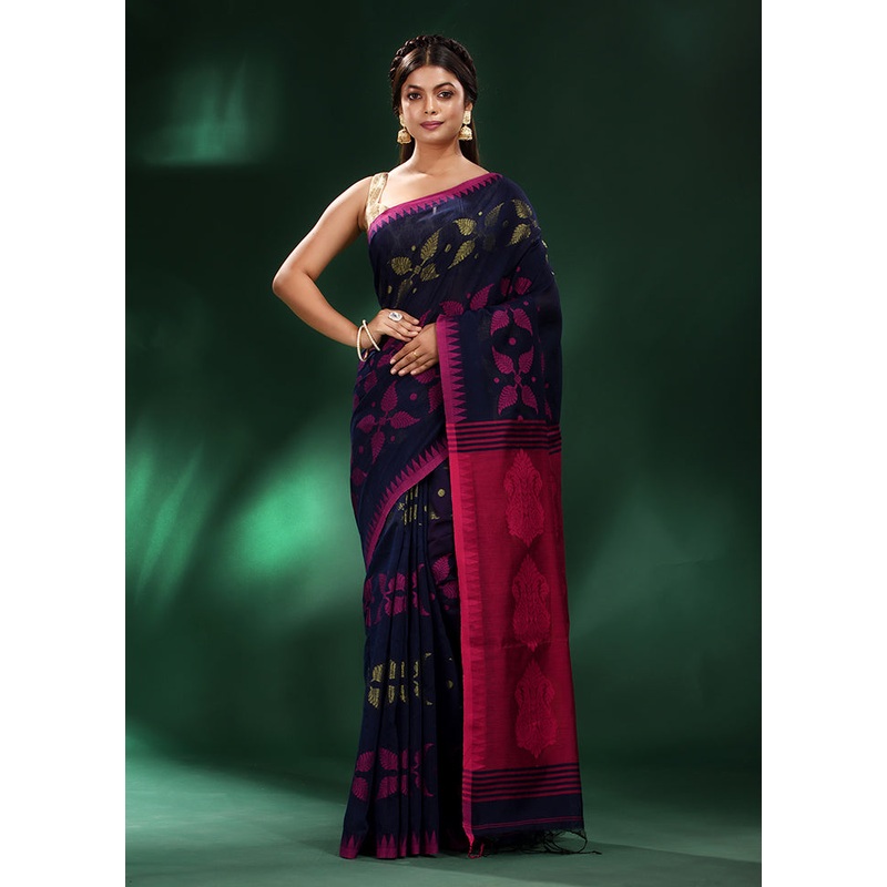 Blue Cotton Saree With Blouse Piece - JD986589487