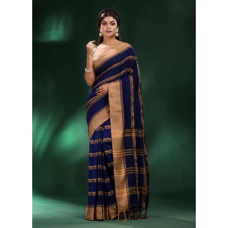Blue Cotton Saree With Blouse Piece - JD986589488
