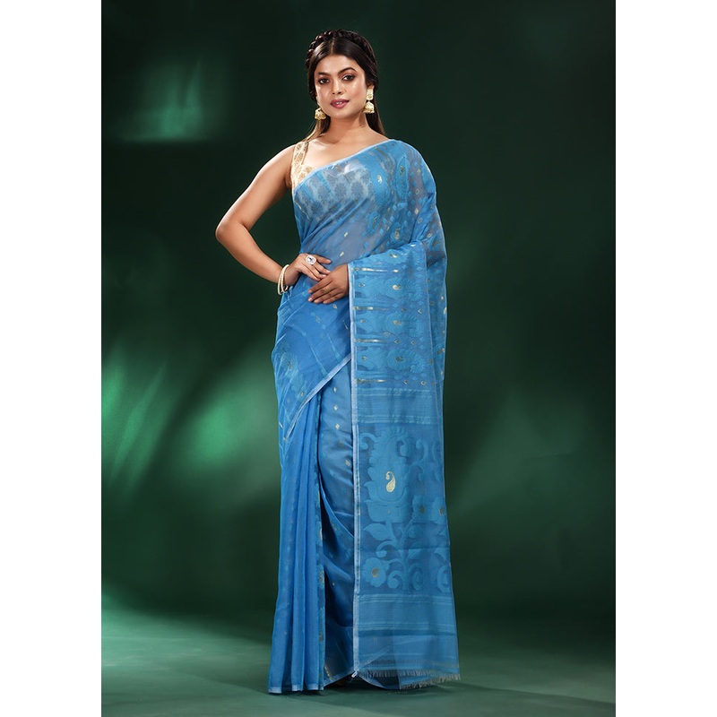 Blue Cotton Saree With Blouse Piece - JD986589489