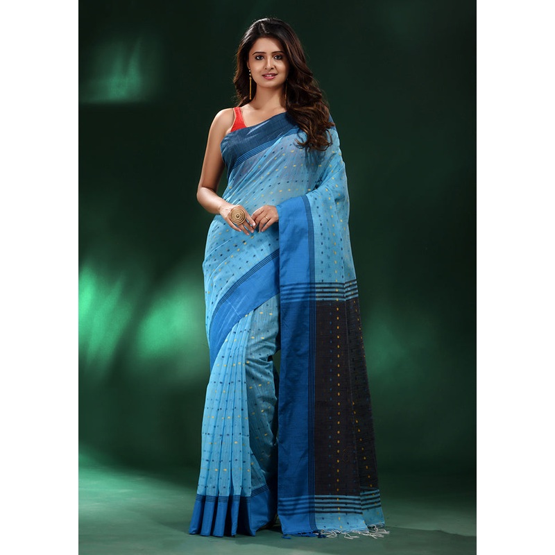 Blue Cotton Saree With Blouse Piece - JD986589490