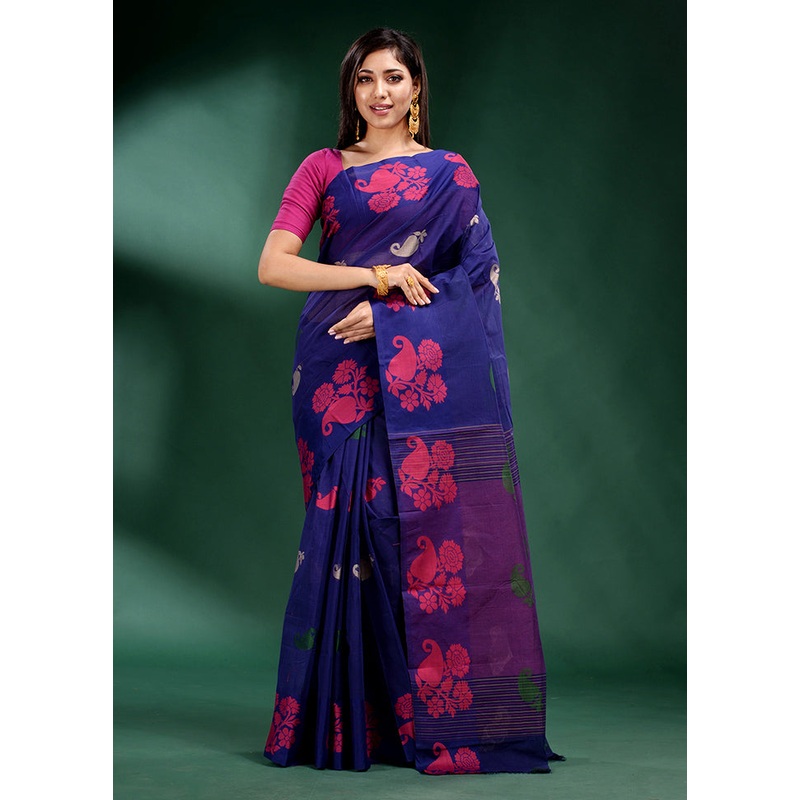 Blue Cotton Saree With Blouse Piece - JD986589492