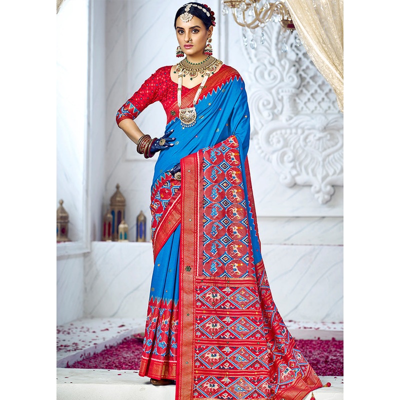 Blue Cotton Saree With Blouse Piece - JD986589493