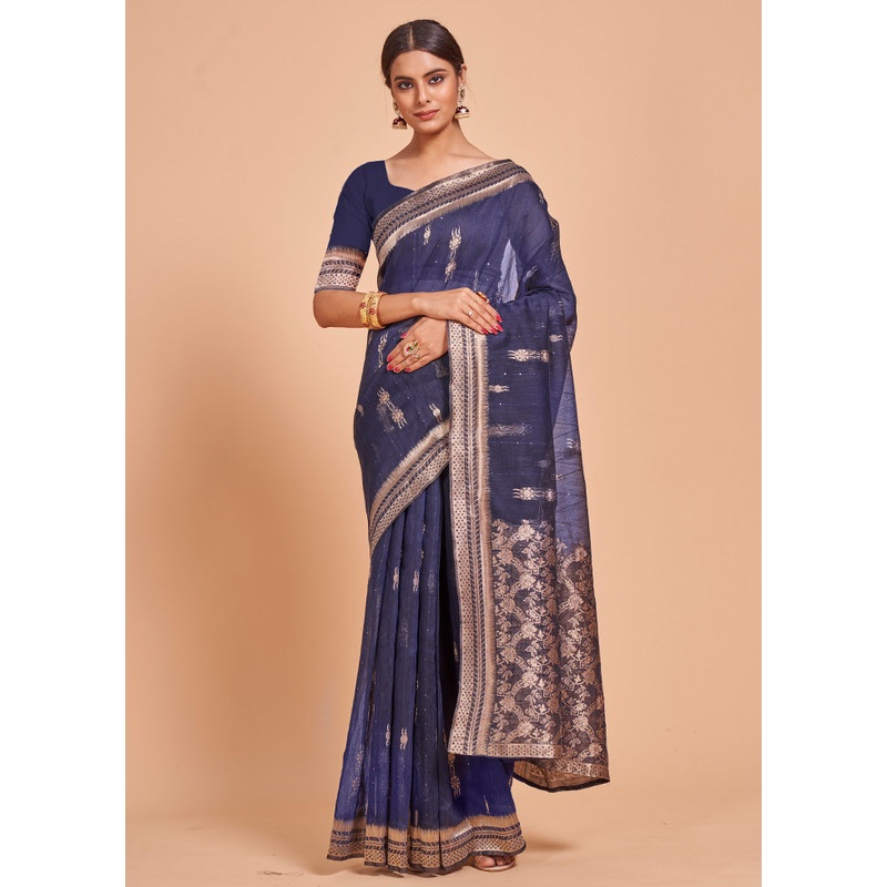 Blue Cotton Saree With Blouse Piece - JD986589494