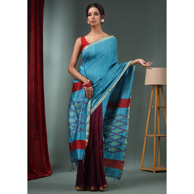 Blue Dupion Pure Silk Saree With Blouse Piece - JD986589495