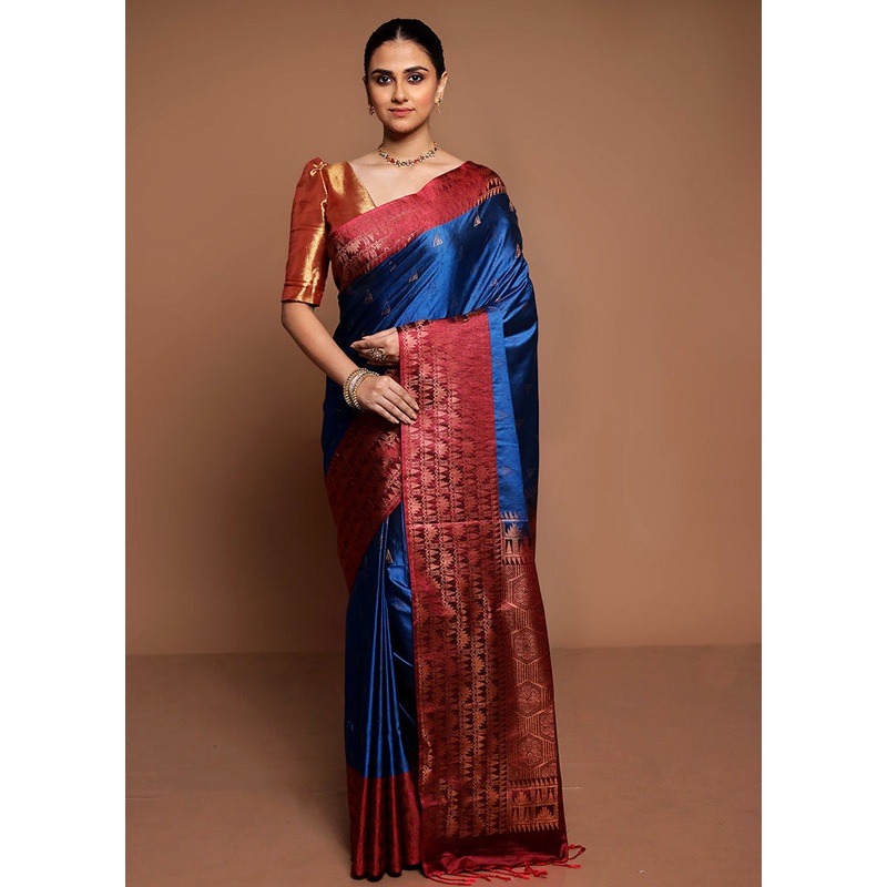 Blue Dupion Silk Saree With Blouse Piece - JD986589477