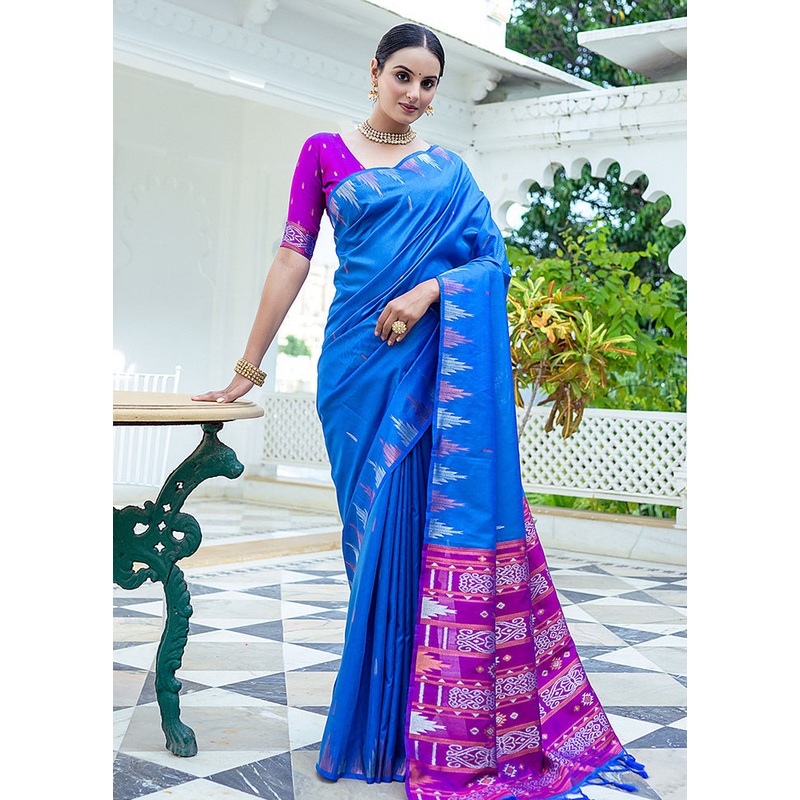 Blue Dupion Silk Saree With Blouse Piece - JD986589496