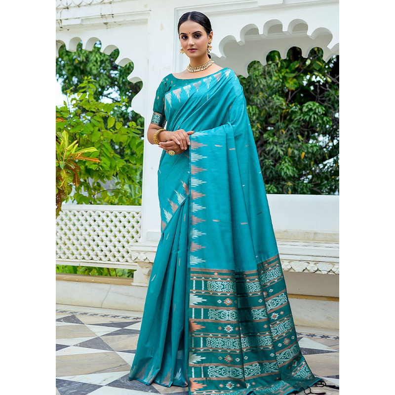Blue Dupion Silk Saree With Blouse Piece - JD986589497