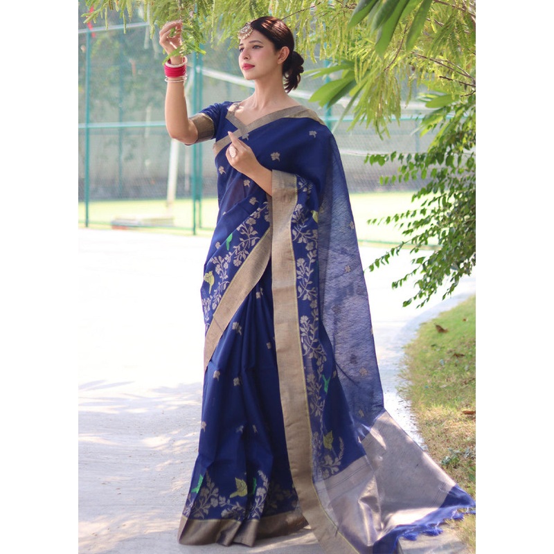 Blue Dupion Silk Saree With Blouse Piece - JD986589498