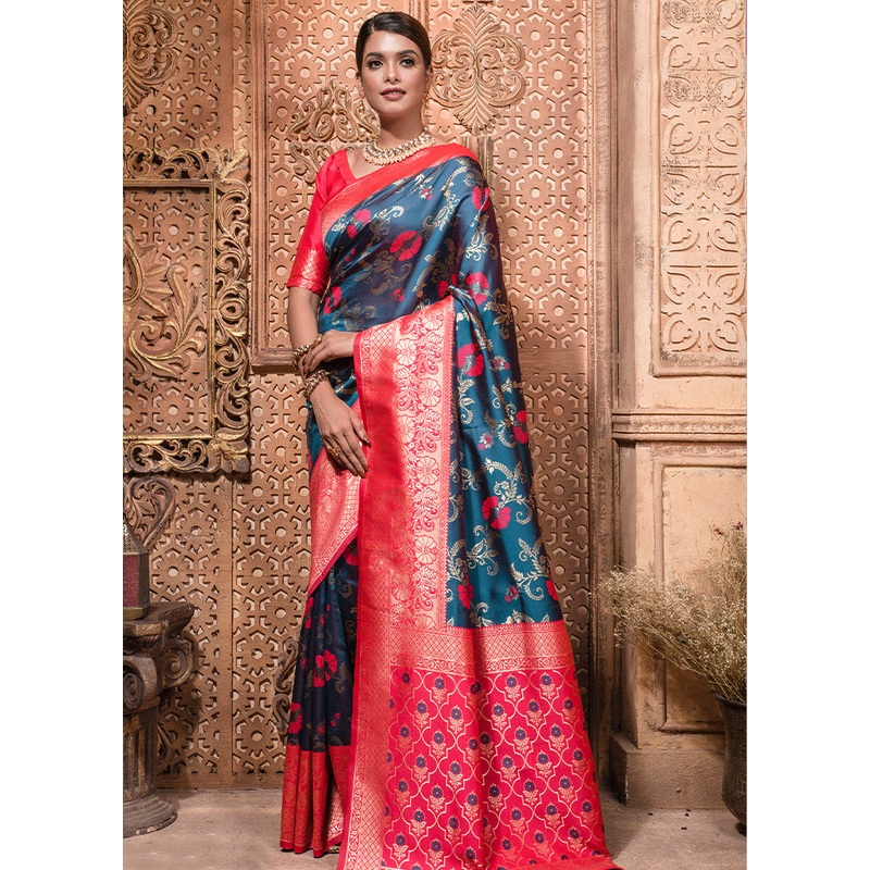 Blue Dupion Silk Saree With Blouse Piece - JD986589499