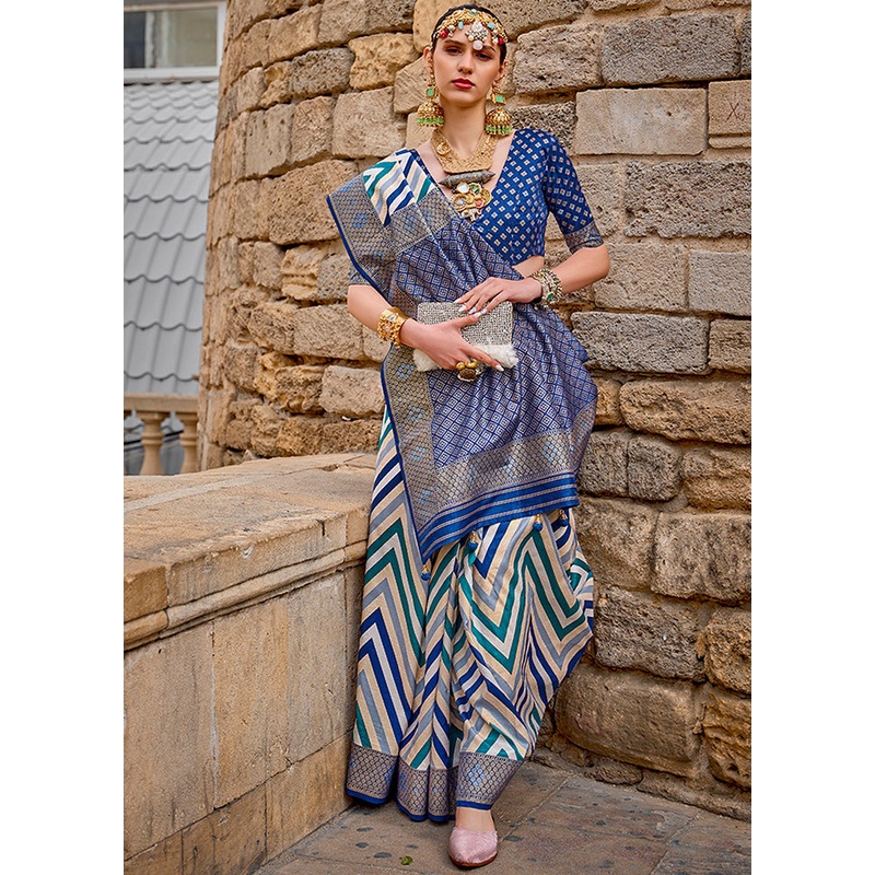 Blue Dupion Silk Saree With Blouse Piece - JD986589502