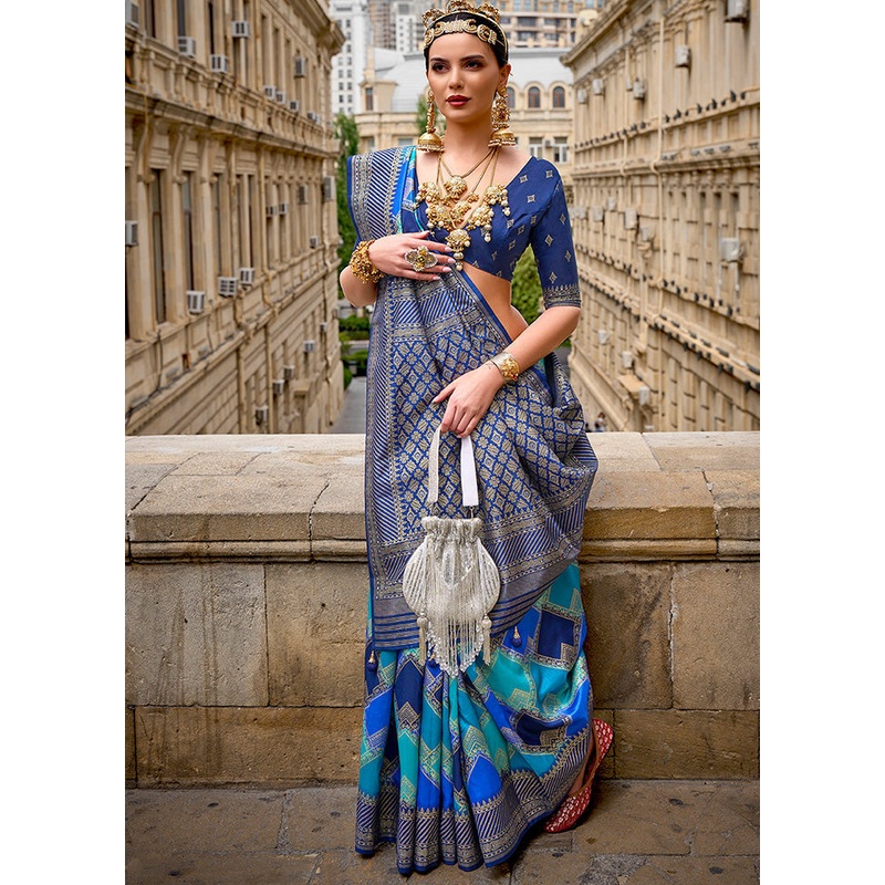 Blue Dupion Silk Saree With Blouse Piece - JD986589503