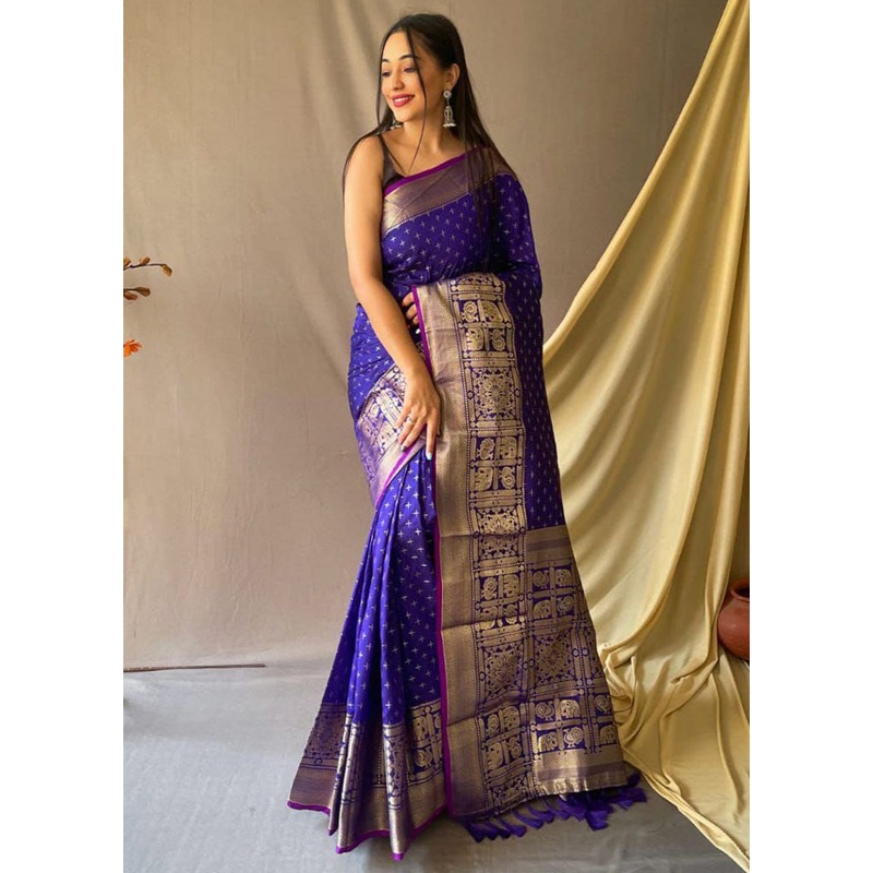 Blue Dupion Silk Saree With Blouse Piece - JD986589504