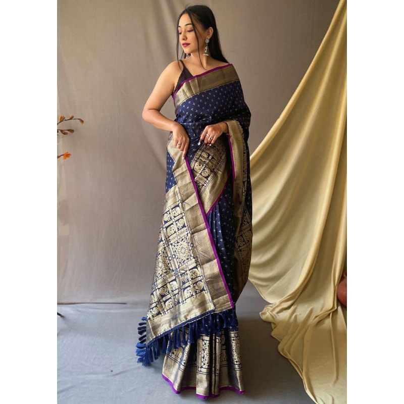 Blue Dupion Silk Saree With Blouse Piece - JD986589505
