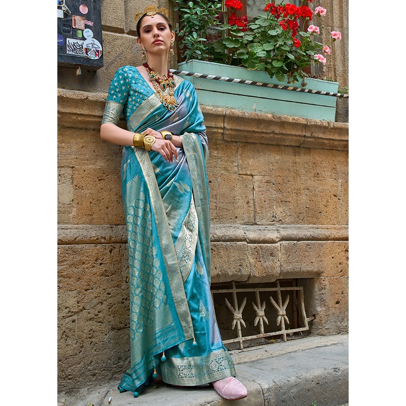 Blue Dupion Silk Saree With Blouse Piece - JD986589506