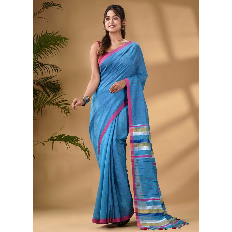 Blue Dupion Silk Saree With Blouse Piece - JD986589507