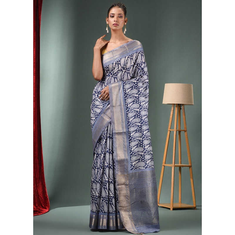 Blue Dupion Silk Saree With Blouse Piece - JD986589508