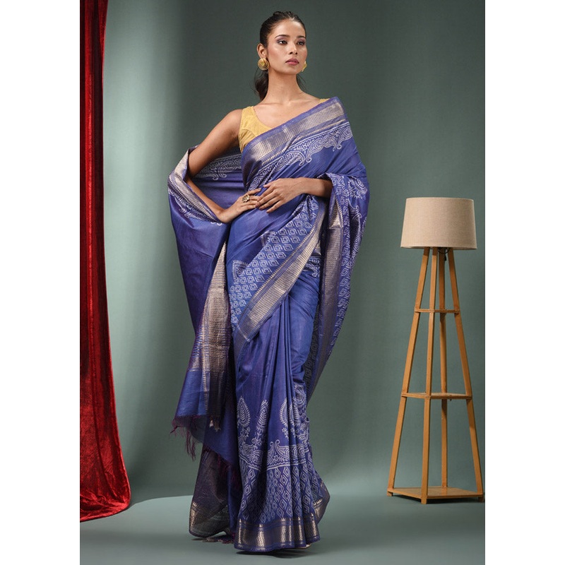 Blue Dupion Silk Saree With Blouse Piece - JD986589509