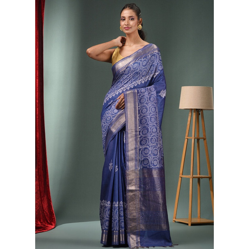 Blue Dupion Silk Saree With Blouse Piece - JD986589510