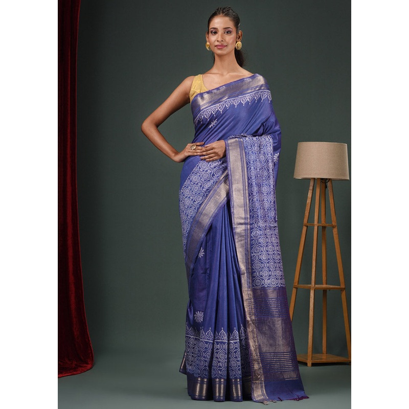Blue Dupion Silk Saree With Blouse Piece - JD986589511