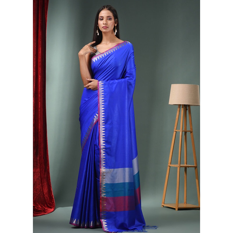 Blue Dupion Silk Saree With Blouse Piece - JD986589513