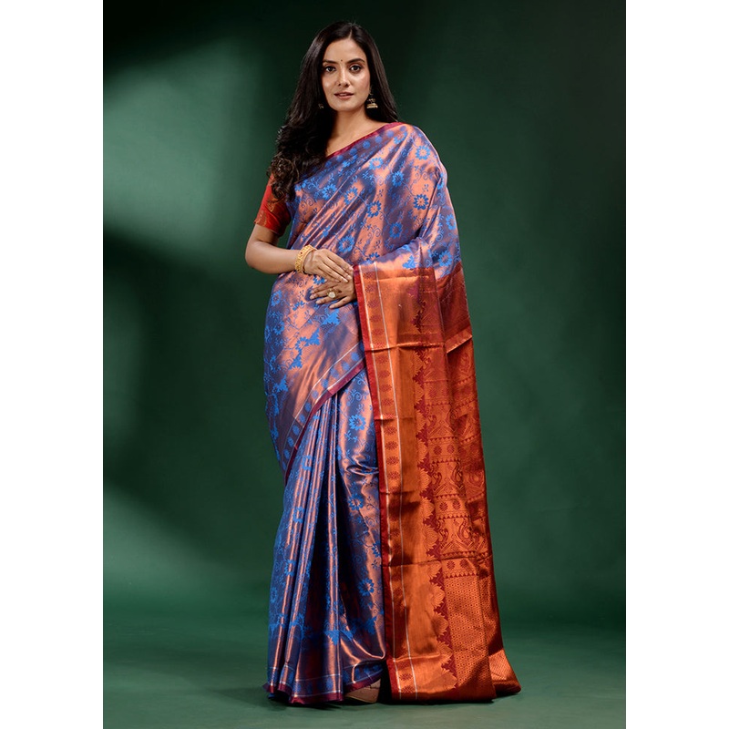 Blue Dupion Silk Saree With Blouse Piece - JD986589514