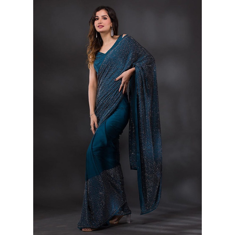 Blue Dupion Silk Saree With Blouse Piece - JD986589517
