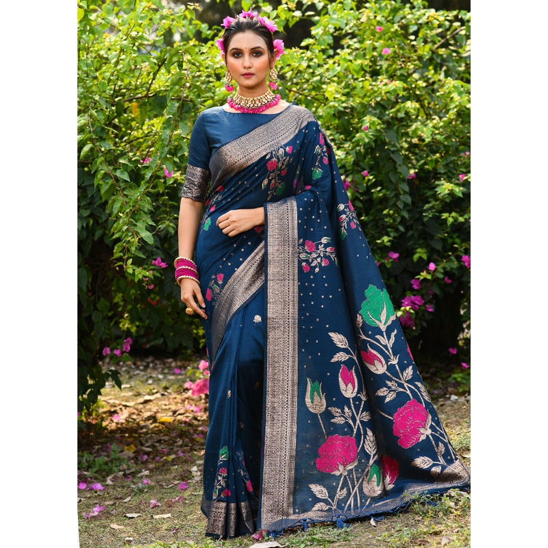 Blue Dupion Silk Saree With Blouse Piece - JD986589521