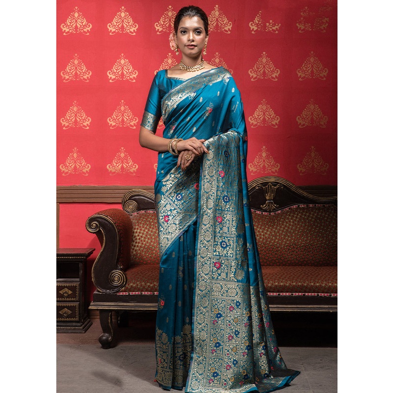 Blue Dupion Silk Saree With Blouse Piece - JD986589522
