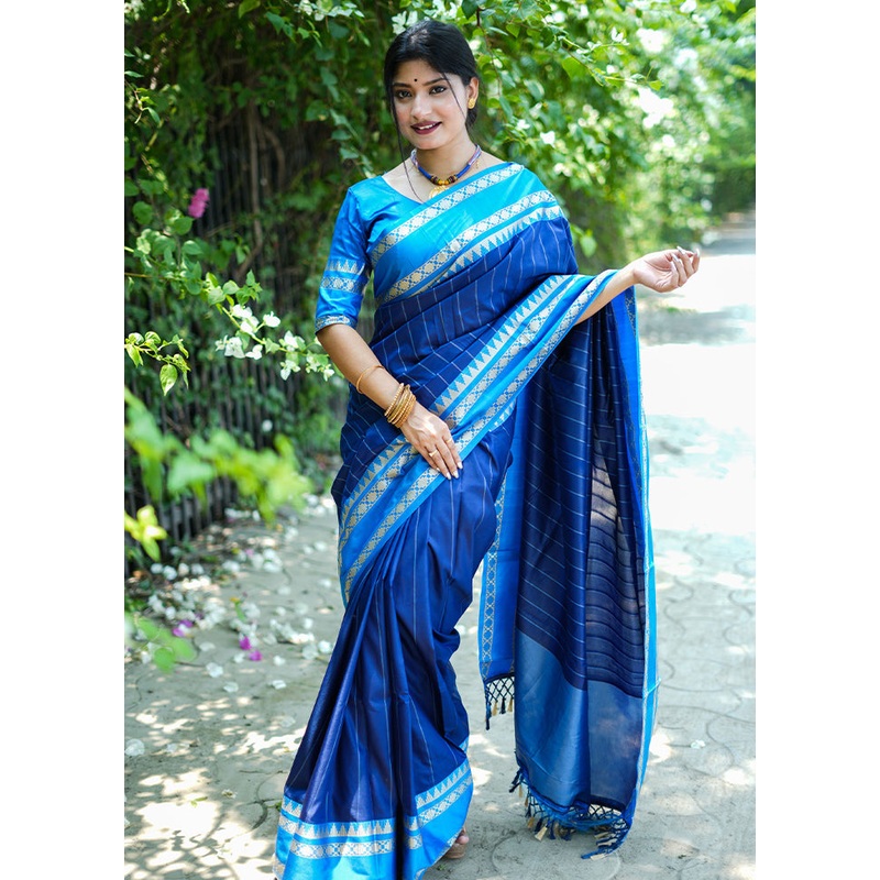 Blue Dupion Silk Saree With Blouse Piece - JD986589523