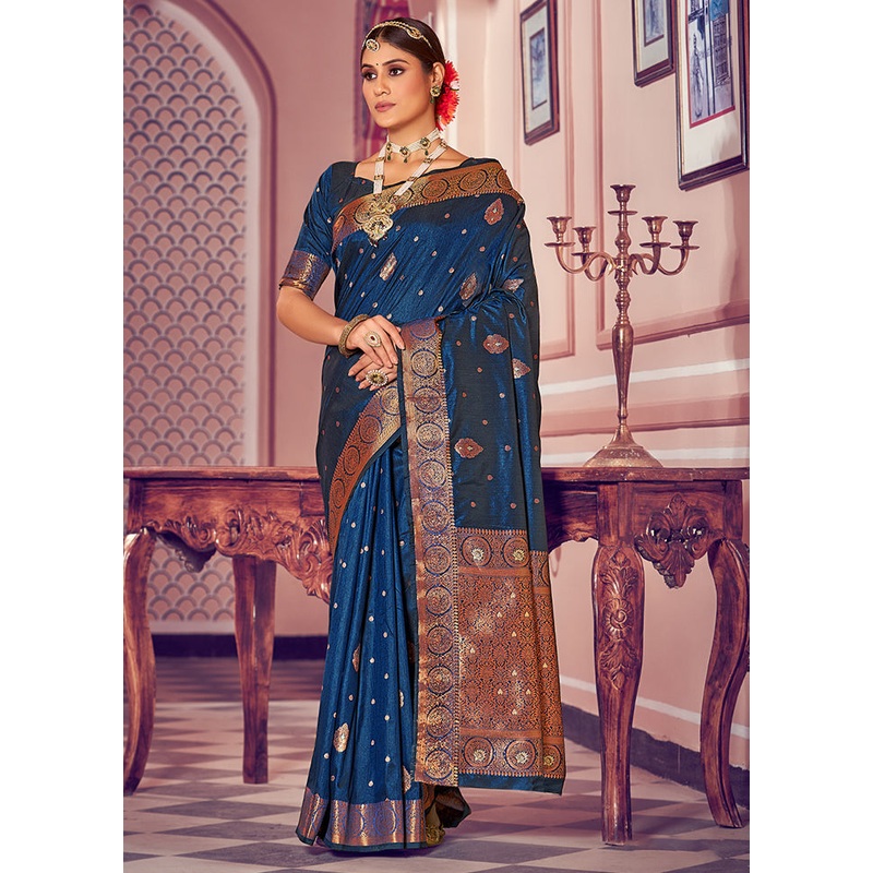 Blue Dupion Silk Saree With Semi Stitched Blouse Piece - JD986589524