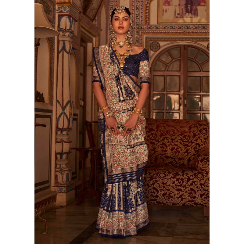 Blue Dupion Silk Saree With Semi Stitched Blouse Piece - JD986589526