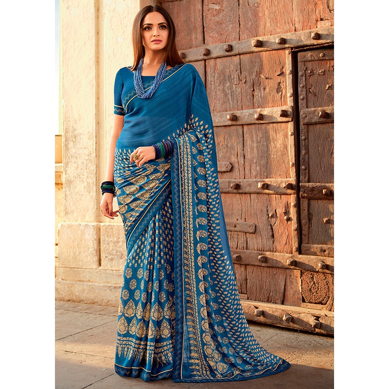 Blue Georgette Saree With Blouse Piece - JD986589529