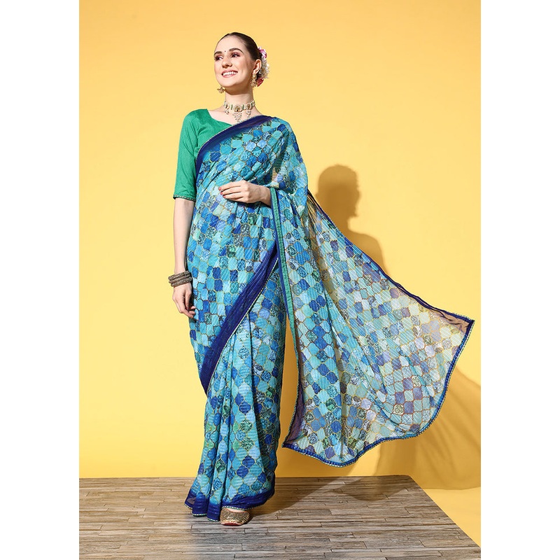 Blue Georgette Saree With Blouse Piece - JD986589530